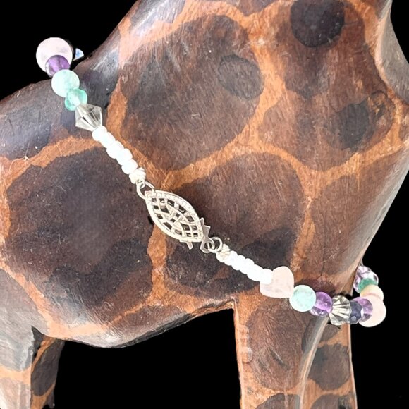 ✨🆕 Handmade 7" Gemstones and Pearls “Confetti” Heart Bracelet | Sterling Clasp - Picture 7 of 7